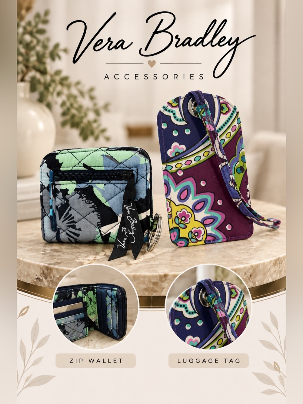 Vera Bradley Purple, Navy & Green Luggage Tag and Quilted Zip Wallet Set